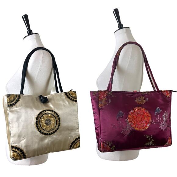 Satin Fabric Handbag Bundle Embroidered Brocade Medallion Design Burgundy Cream - Picture 1 of 13